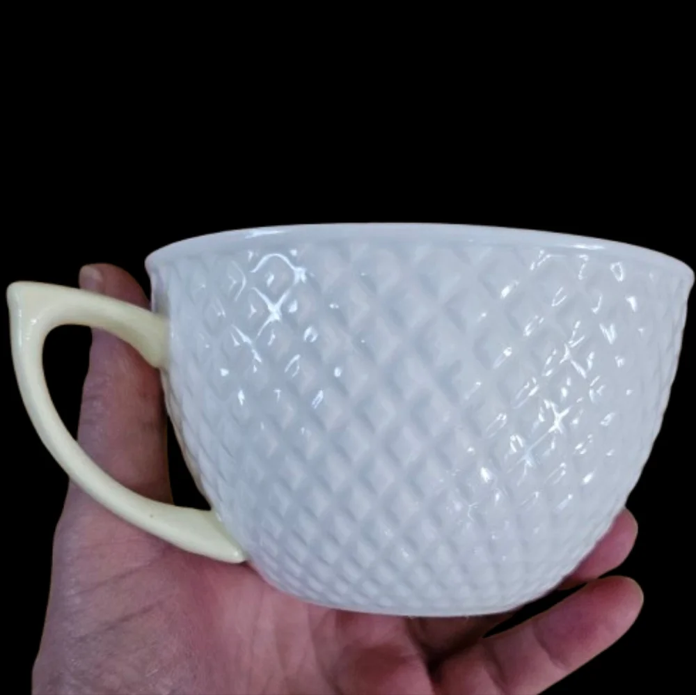 Solecasa Coffee/Tea & Saucer w/White Diamond Pattern & Yellow Handles Set of 3